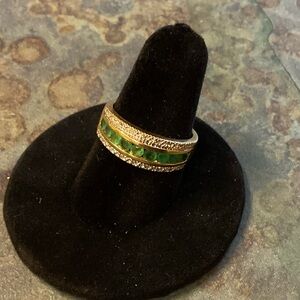 14kt Band Ring with Green and white Gemstone Inlay
